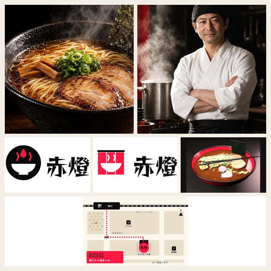 ラーメン店の制作例のために作った素材。写真・ロゴ・アイコン・絵地図・立体の一杯を並べたもの