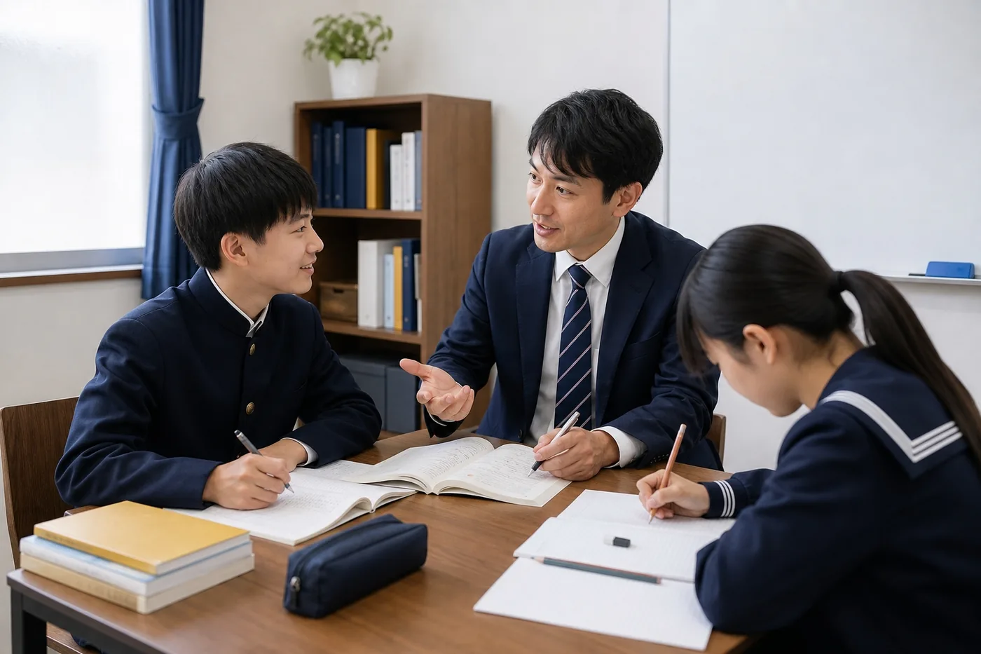 デモ用の生成画像(架空の指導風景)。講師と生徒が目を合わせて話し、もう一人の生徒が問題を解いている。