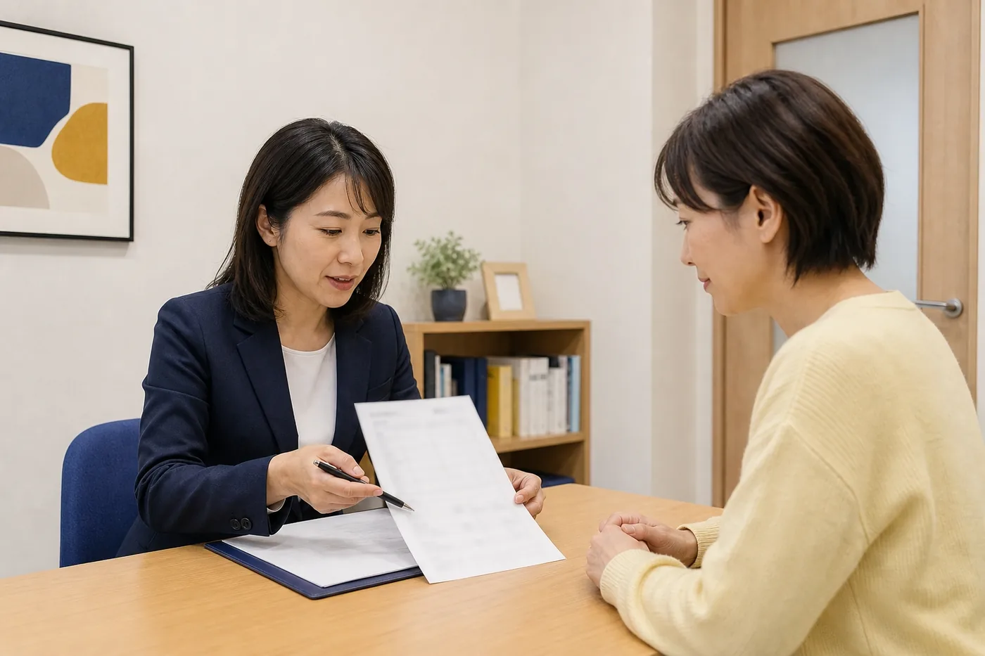 デモ用の生成画像(架空の面談の様子)。講師と保護者が成績表を見ながら話している。