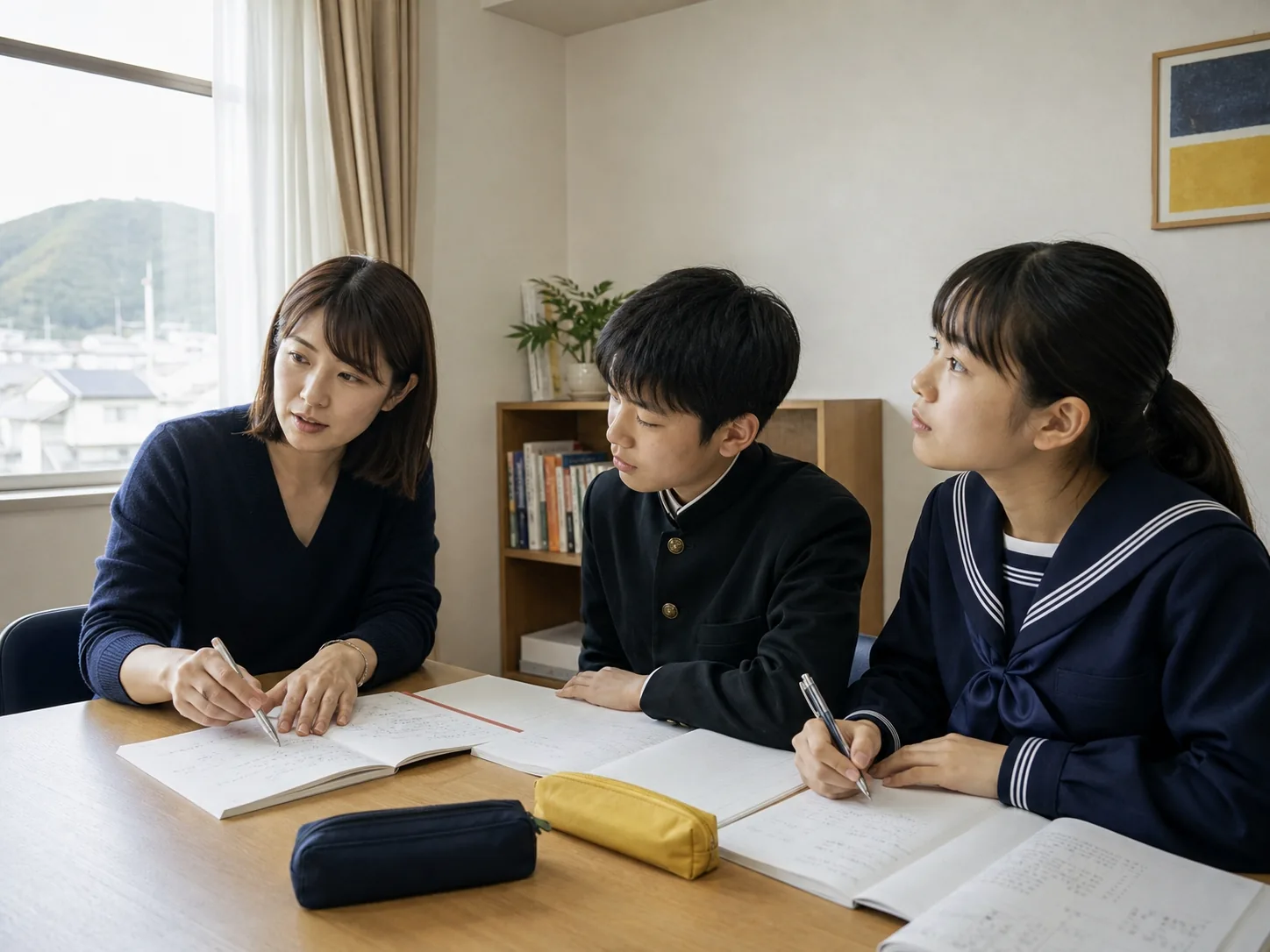 デモ用の生成画像（架空の教室の情景）。講師と生徒2人が机を囲んで学習している様子。