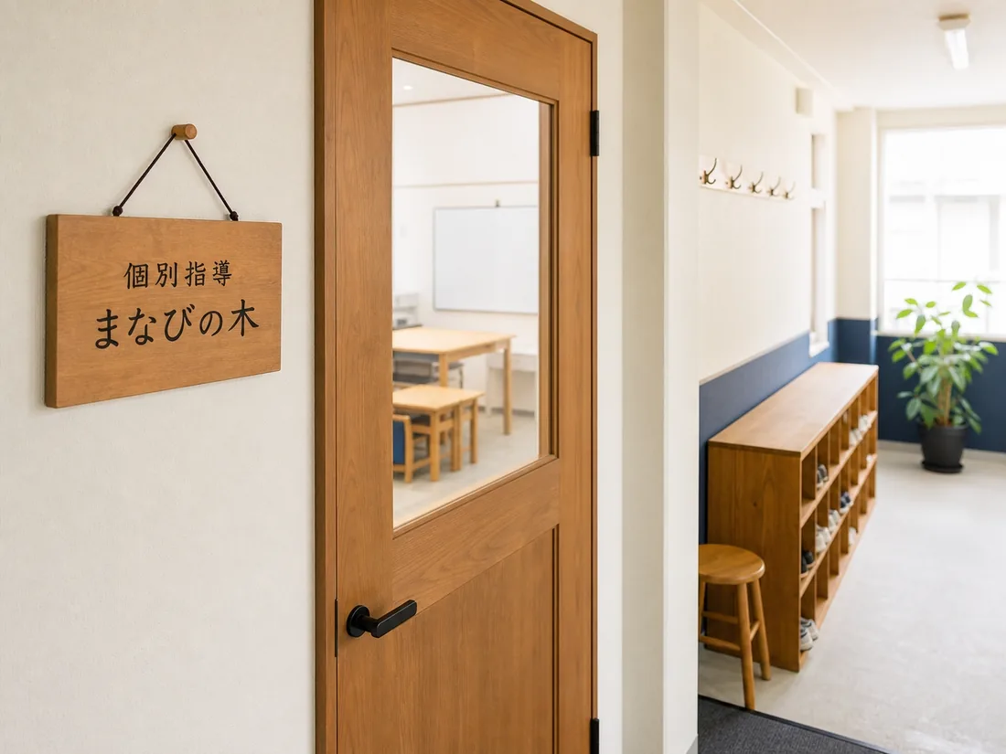 デモ用の生成画像（架空の教室の入口）。木製の看板が掛かった明るい廊下。