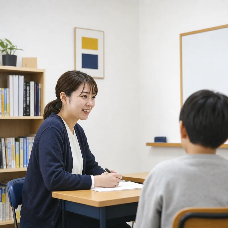 デモ用の生成画像（架空の講師の写真）。女性講師が生徒の方を見て、にこやかに話しかけている横顔。