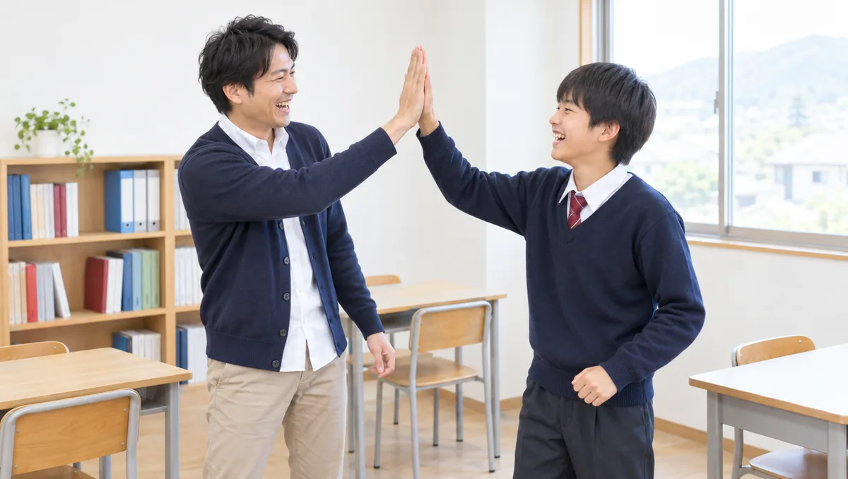 講師と生徒が笑顔でハイタッチしている