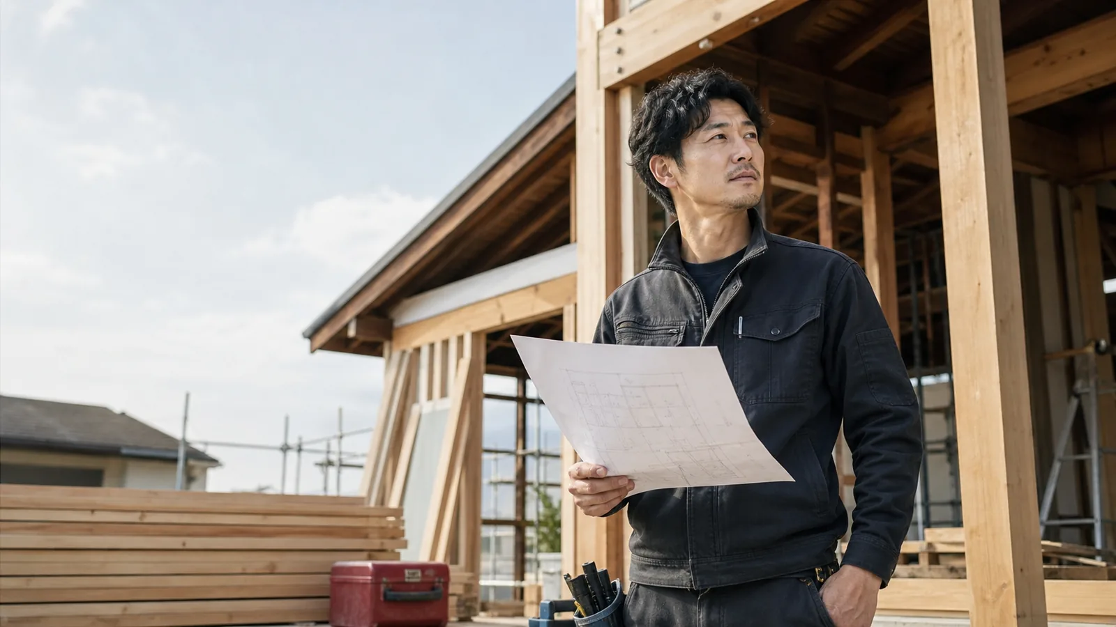 デモ用の生成画像（架空の現場）。建築中の木造住宅の前で、作業着姿の職人が図面を手に立っている。