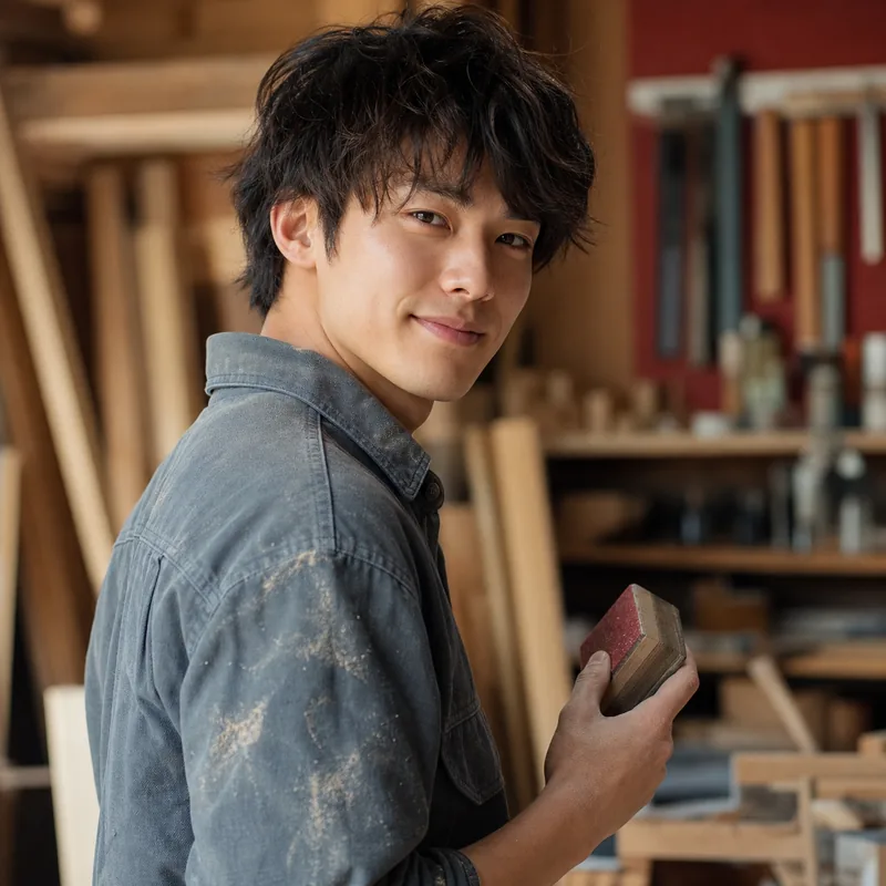 デモ用の生成画像（架空の内装職人の写真）。若手の男性職人が作業着姿で道具を手に振り返っている。