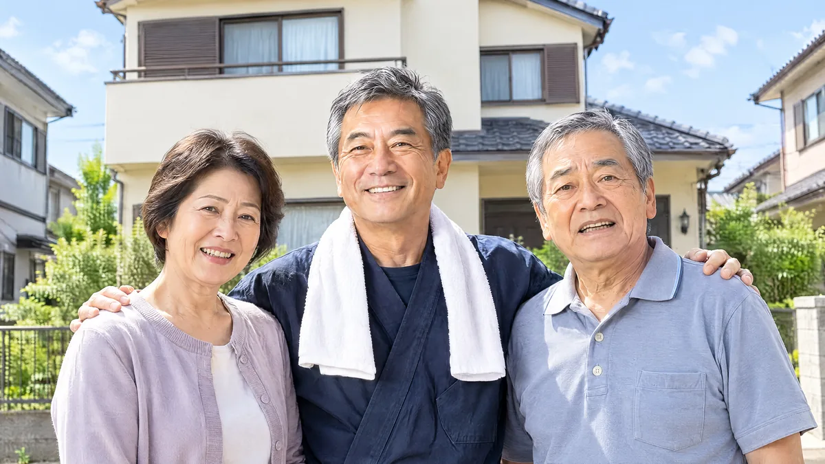 塗り上がった家の前で、棟梁と施主のご夫婦が笑顔で並んでいる