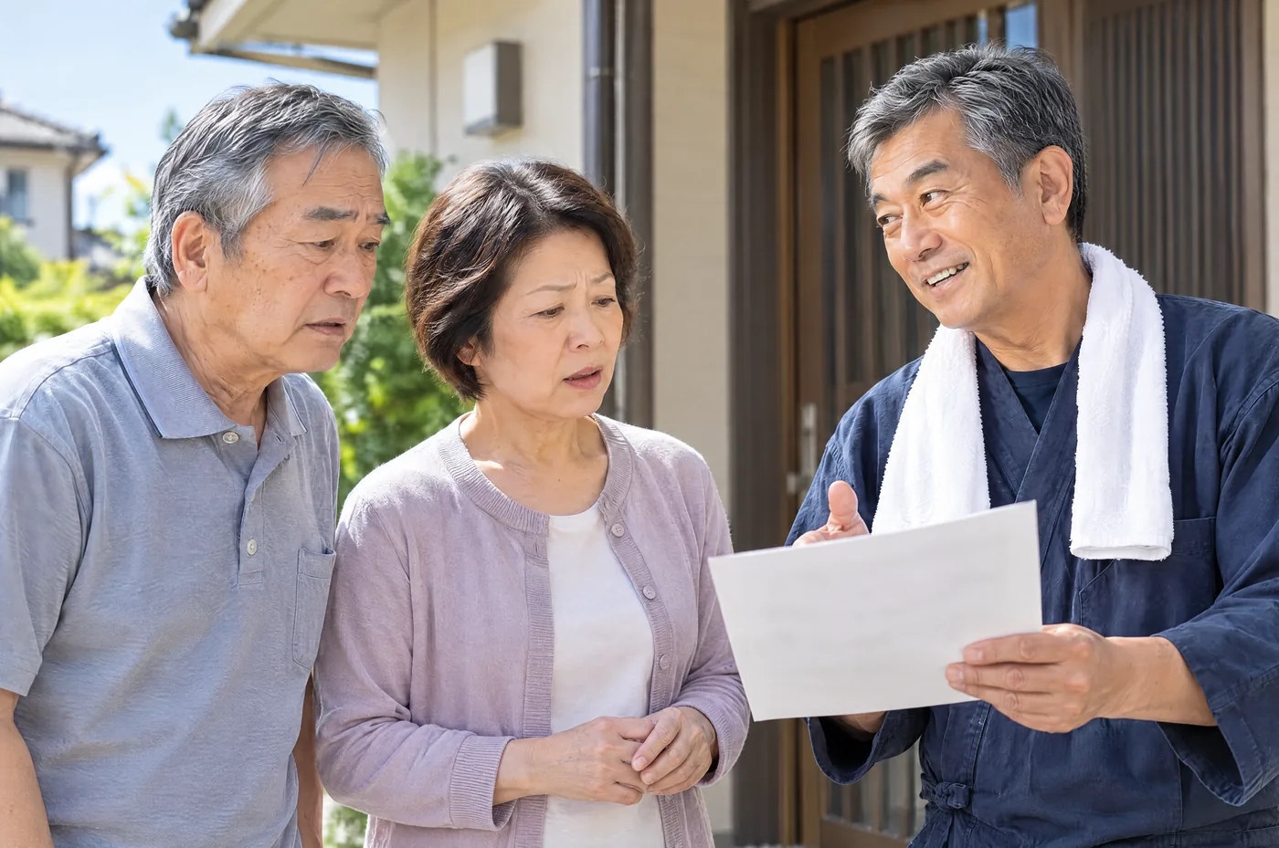 棟梁が施主のご夫婦に工程表を見せて説明している