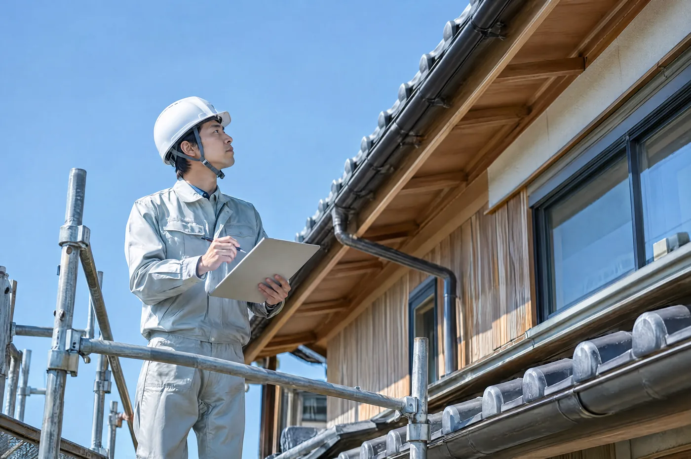 ヘルメットの職人が屋根の上で点検している