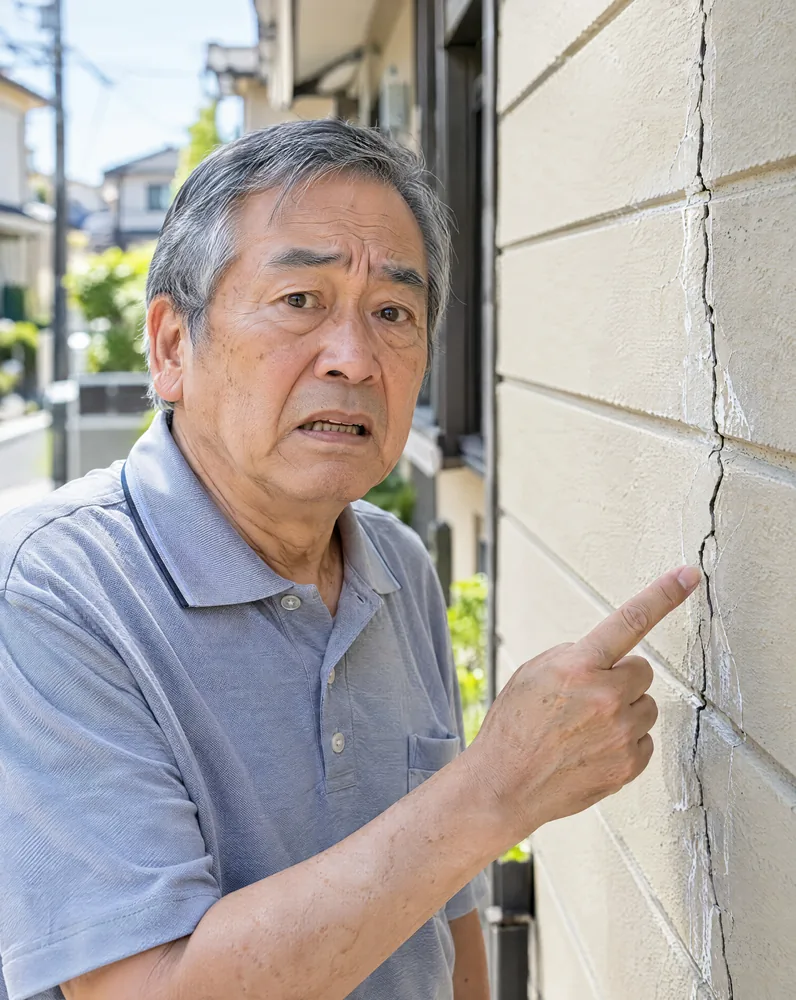 外壁のひび割れを指さして心配そうな男性