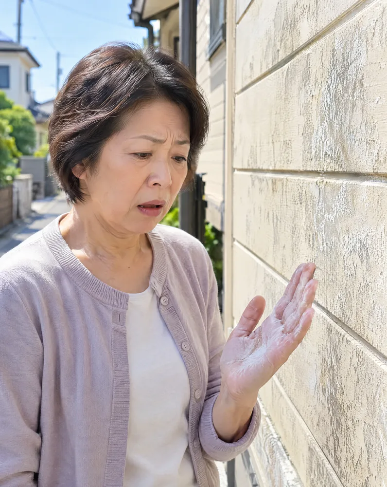 外壁に手を当てて、粉の付いた手のひらを見る女性