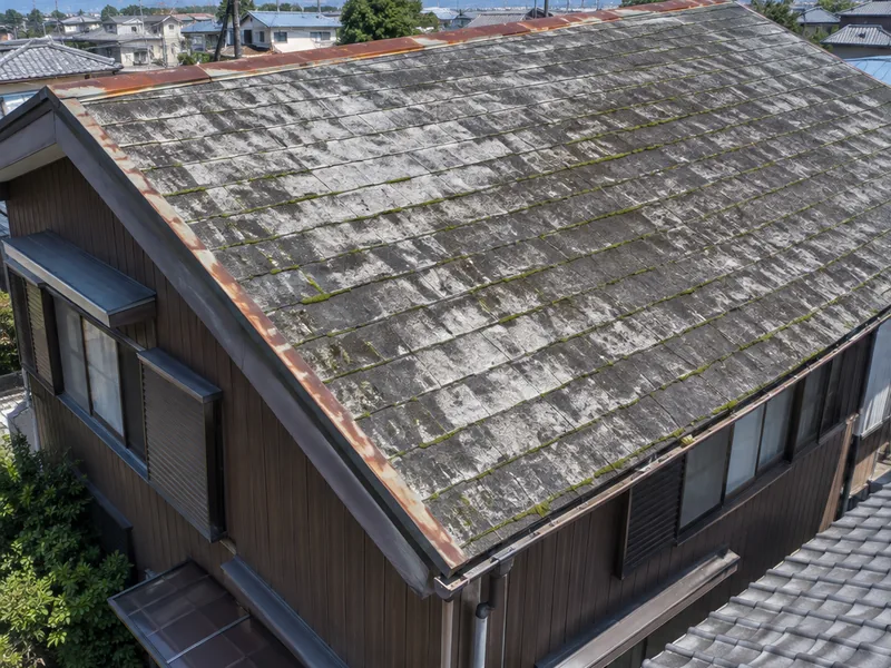 塗り替え前のスレート屋根を上から見たところ。色あせてまだらになり、苔と黒ずみ、棟の板金に錆