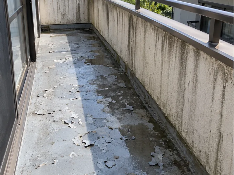 塗り替え前のベランダ。床の防水がひび割れてはがれ、腰壁に雨だれの筋