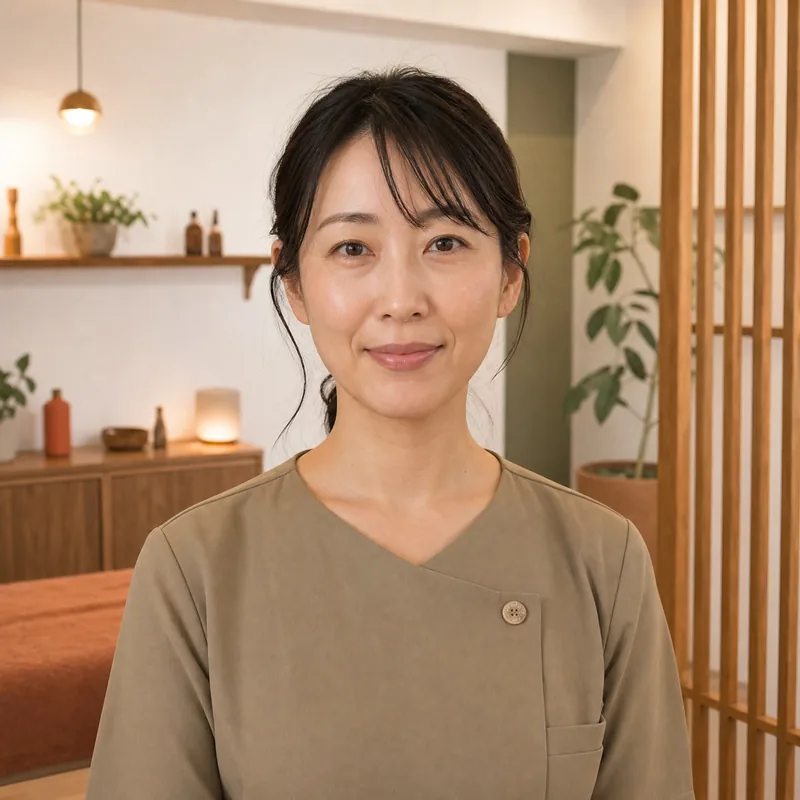 デモ用の生成画像（架空の施術者の写真）。店長役の女性が施術室を背景に、穏やかな表情でこちらを見ている。