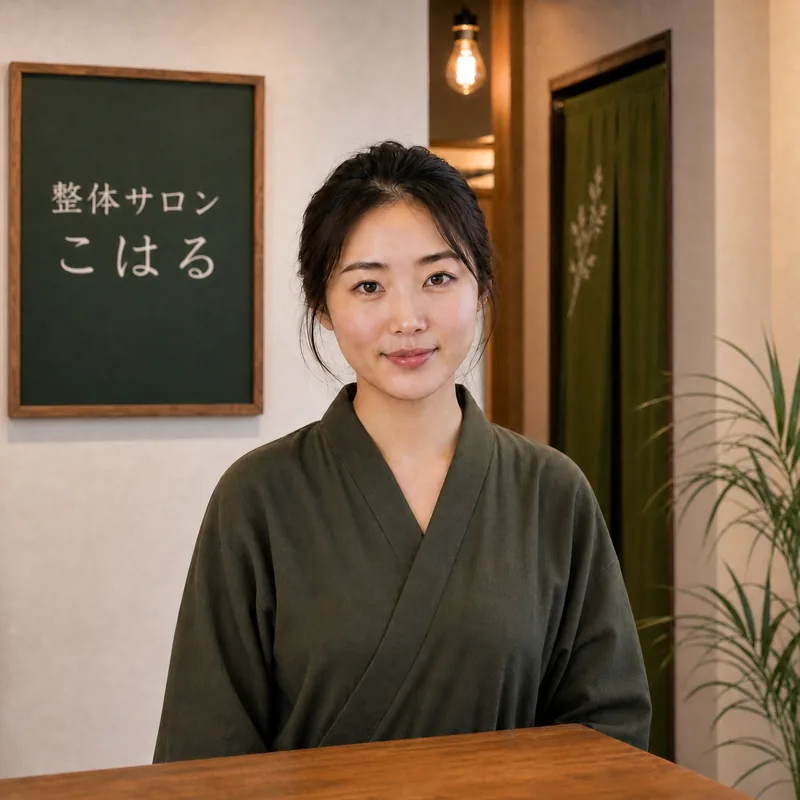 デモ用の生成画像（架空の施術者の写真）。女性施術者が受付カウンター越しに柔らかい表情で立っている。
