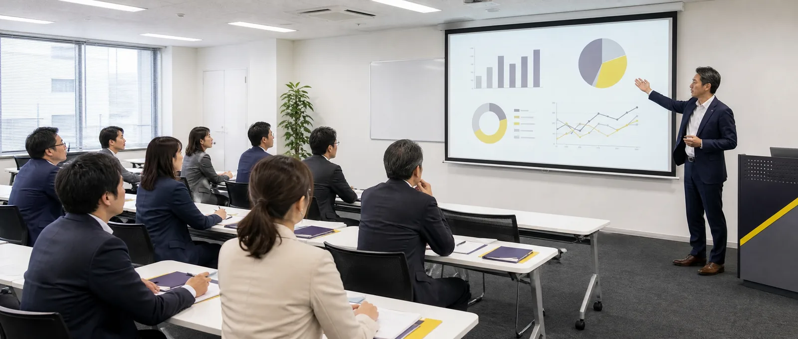 デモ用の生成画像（架空のセミナー会場）。スクリーンの前で講師が資料を指し示し、参加者が着席して聞いている様子。