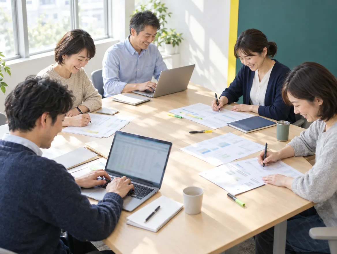 大きな机を囲んだワークの時間。2人はノートパソコンの表計算に、3人は紙のシートに数字を書き込んでいる