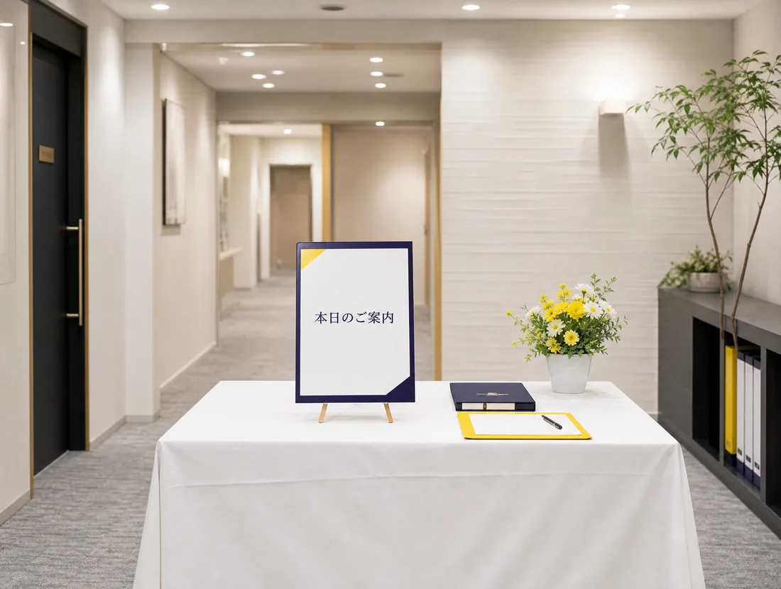 デモ用の生成画像（架空の会議室の受付）。受付テーブルと案内スタンドが置かれた明るいロビー。