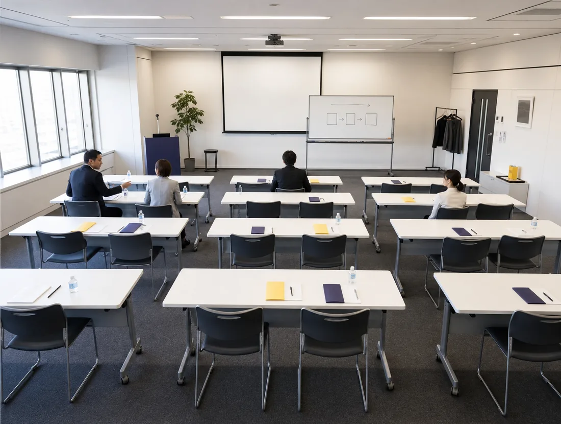 デモ用の生成画像（架空の大会議室）。スクリーンとホワイトボードのある会議室に、テーブルと椅子が並んでいる。
