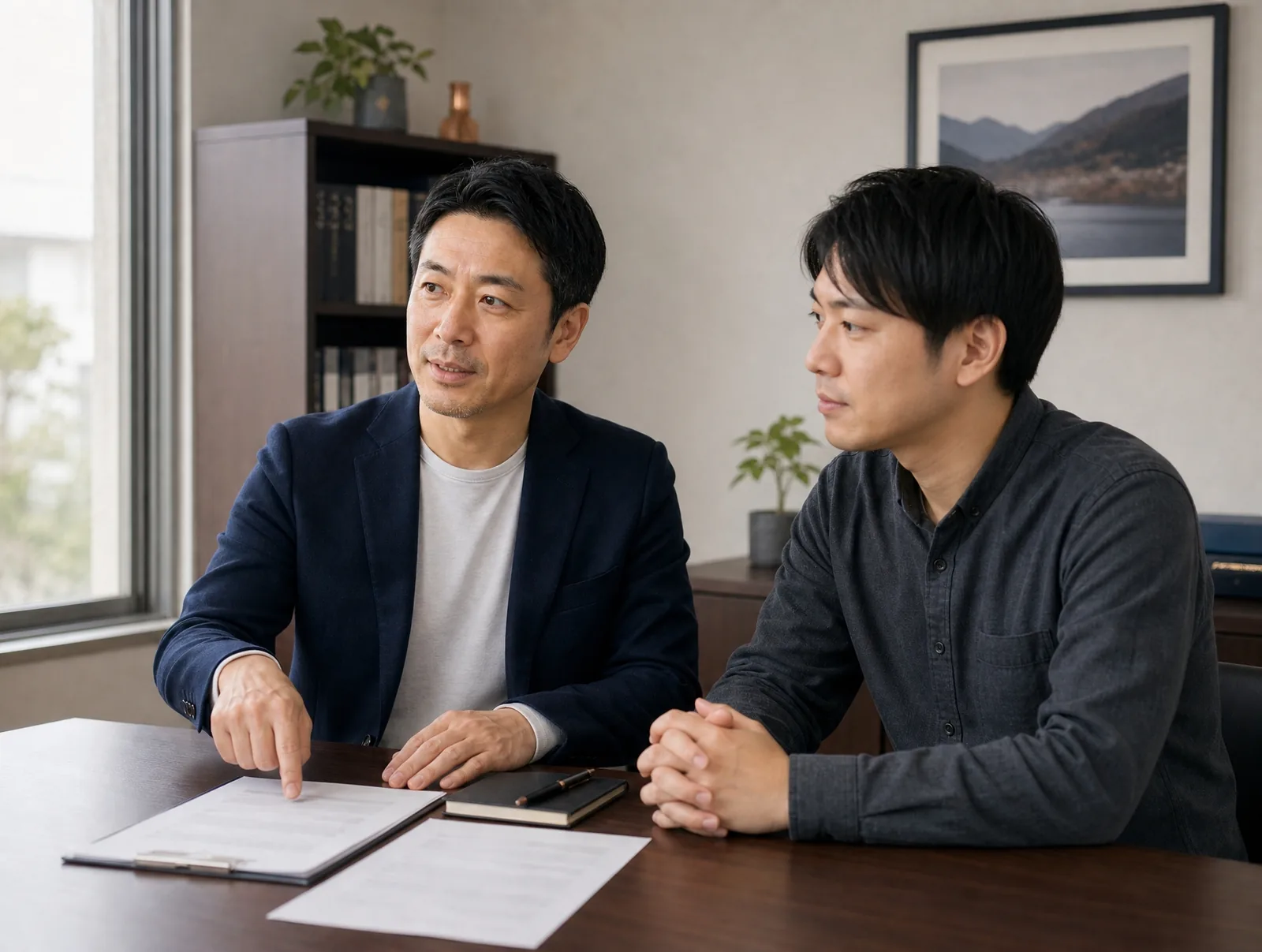 デモ用の生成画像（架空の相談室の情景）。行政書士役の人物が資料を挟んで相談者と向き合っている。