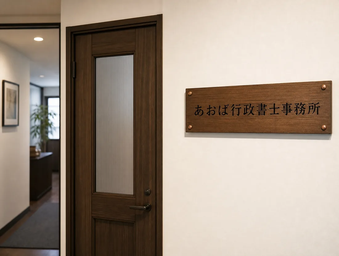 デモ用の生成画像（架空の事務所の入口）。木製の表札が掛かった落ち着いた入口。