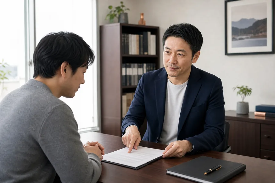 デモ用の生成画像（架空の代表者と相談者）。相談室で書類を指しながら説明している様子。