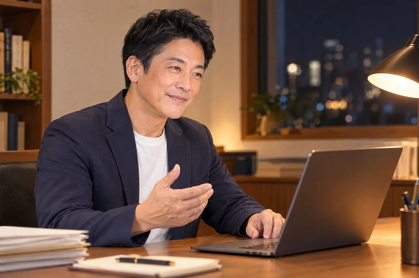 夜の事務所で、代表が画面越しに相談に乗っている