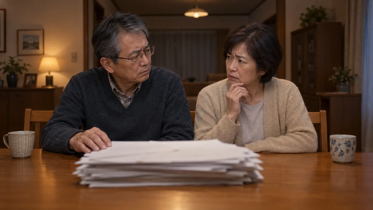 食卓で書類の山を前に考え込む60代の夫婦